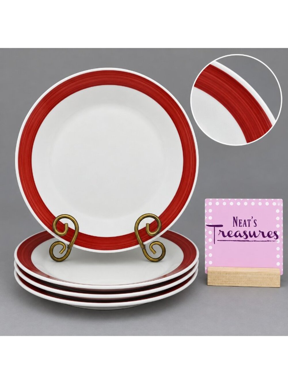 Gibson ESSEX BURGUNDY Band 9.75" Oven Safe White Stoneware Dinner Plate Set of 4